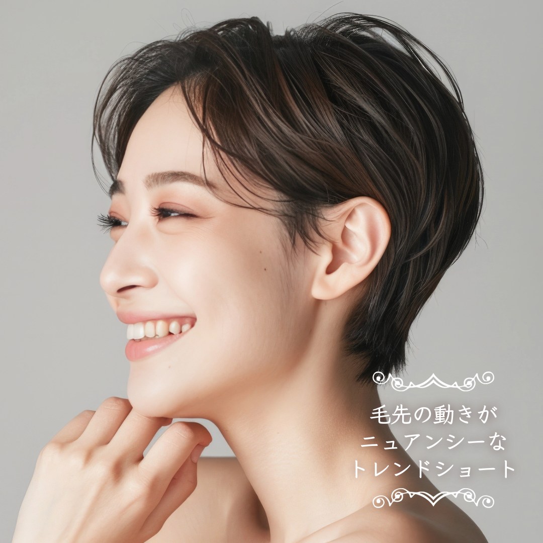 OZのニュアンスショートのコンセプトビジュアル（イメージ）。耳を出した暗めの髪色のショートヘアの女性の横顔に「毛先の動きがニュアンシーなトレンドショート」の文字